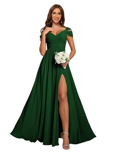 Chiffon Off Shoulder Pleated Long Emerald Green Bridesmaid Dresses 2026 | A Line,Ruffle,Pockets,Spaghetti Straps,Elegant Formal Evening Dress for Women,Wedding Guest Gowns,Prom Party Dress Size16