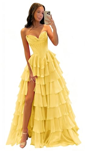 ROSE IN THE BOX Yellow Corset Ruffle Prom Dresses for Teens 2026 Strapless Chiffon Tiered Long Formal Evening Party Gown with Slit XS