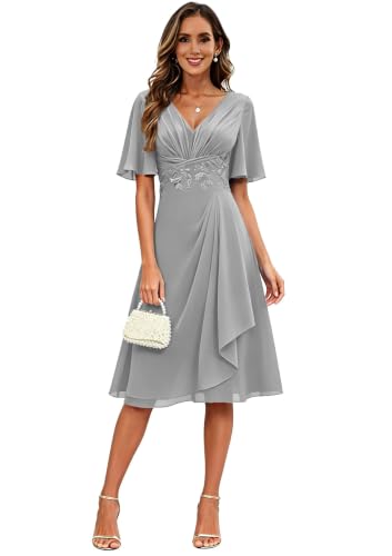 Mother of The Bride Dresses Formal Silver Chiffon Wedding Guest Dress US 6