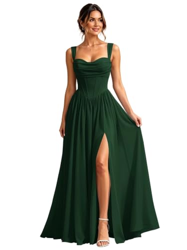 GYHAMP Chiffon Bridesmaid Dresses Long Corset Formal Dress Emerald Green 6 | Maxi Cowl Neck Long A Line Spaghetti Straps Wedding Guest Dresses for Women with Slit Flowy Backless Evening Party Gowns