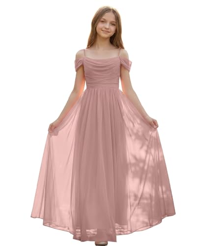FLwuhui Dusty Rose Junior Bridesmaid Dress Chiffon Flower Girl Dresses for Wedding Cowl Neck Wedding Party Pageant Gown US4