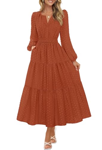MEROKEETY Womens Fall Long Sleeve Swiss Dots Boho Maxi Dress, Brickred, XL
