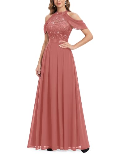 Miusol Women's Classic Lace Sequin Contrast Chiffon Bridesmaid Maxi Dress