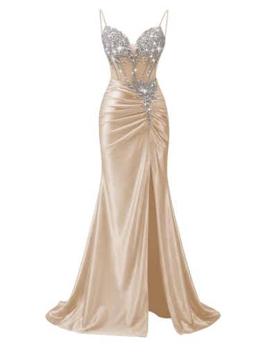 MagicST Satin Beaded Mermaid Champagne Prom Dresses Long for Women Evening | Spaghetti Straps,V-Neck,Beaded, Crystal Embellishments, Corset,Ruched Silhouette, Side Slit, Floor Length, Lace-Up Back