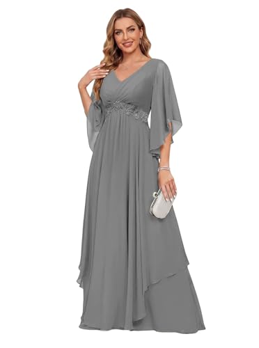 SEPT PRETTY Gray Mother of Groom Chiffon Dress V Neck Lace Applique Waist Floor Formal Evening Wedding Gown 28W