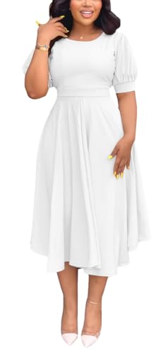 WUSENST Summer Dresses for Women Short Puff Sleeves O-Neck Semi Formal Wedding Guest and Church Dress for Cocktail Party White