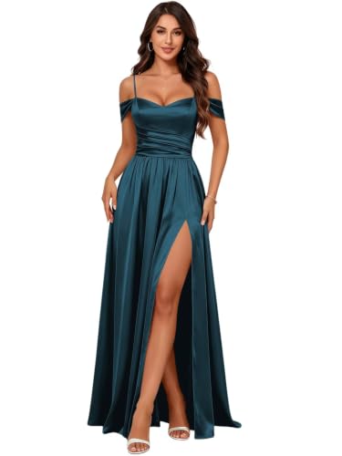 Hjrqda Peacock Bridesmaid Dresses for Wedding Satin Corset Cold Shoulder Long A Line Formal Cocktail Party Dress US8