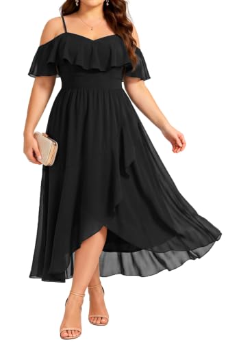 Plus Size Dresses Wedding Guest Black Formal Off The Shoulder Long Dress | Plus Size Formal Wedding Guest Dresses Women Elegant Off The Shoulder Long High Low Dress Black Chiffon Ruffle Cocktail Dress