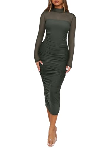 REORIA Women's Long Sleeve Midi Ruched Bodycon Dress
