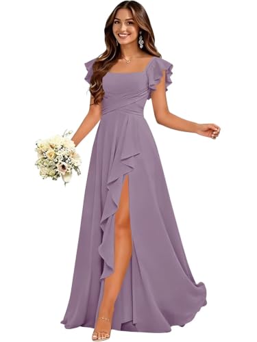 Qgeno Chiffon Bridesmaid Dresses Wisteria Flutter Sleeves A Line Slit 6