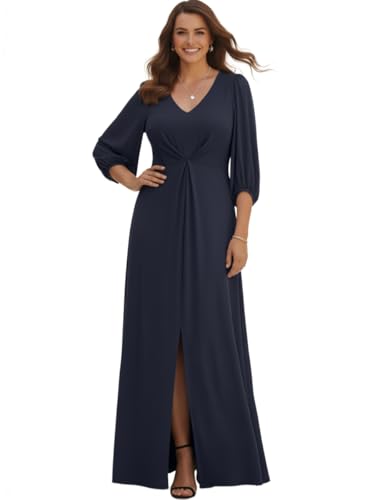 KOH KOH Plus Size Womens Long Pleated Bishop 3/4 Sleeve V-Neck Wedding Guest Bridesmaid Dressy Semi Formal Elegant Evening Cocktail Fall Spring Modest Maxi Dress Gown, Dark Navy Blue XL 14-16