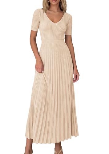 PRETTYGARDEN Women's Summer Midi Pleated Sweater Dress (Beige,L)