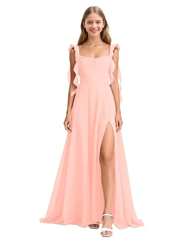 Farichos Blush Pink Flower Girl Dresses Chiffon Junior Bridesmaid Dresses Long Spaghetti Straps Girls Formal Gowns Size 14