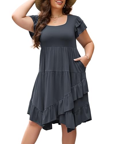 AZACHID Womens Plus Size Casual Summer Dress Square Neck Double Ruffle Short Sleeves with 2 Pockets Ruffled Hem Flowy Maxi Dresses(18 Grey, 2XL)