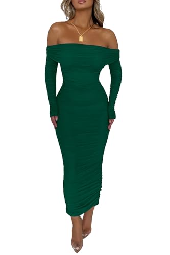 PRETTYGARDEN Women's Off Shoulder Bodycon Maxi Dress Wedding Guest Dresses | Ruched Mesh, Sheer Long Sleeves, Form-Fitting, Back Slit, Elegant Fall Spring Outfits for Holiday Party, Date Night, Club