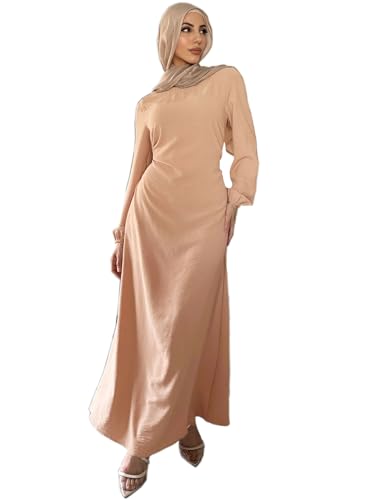 MedeShe Women's Modest Tie Waist Maxi Dress, Elegant Round Neck Muslim Dress Abaya Robe (Peach Color, M)