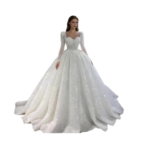 GENTERUN Elegant Sparkly Sequin Ball Gown Wedding Dress, Long Sleeve, V Neck, Lace Back, Chapel Train, Formal Bridal Gown (Train Style)