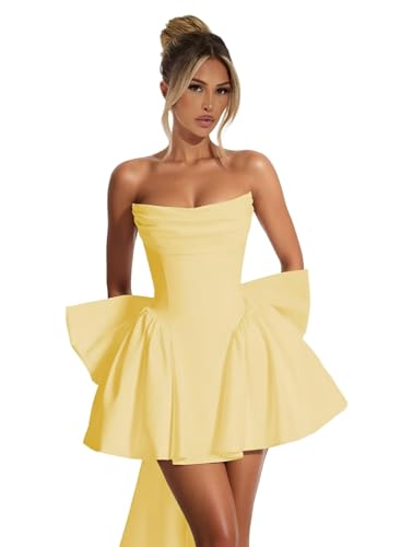 KIRGNT Strapless Satin HOCO Dresses for Teens Yellow Homecoming Dress with Bow Cowl Neck Corset Short Graduation Prom Party Gowns US4