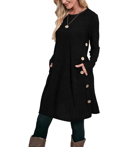 OFEEFAN Sweater Dress for Women 2026 Long Sleeve Fall Shirts Black 2XL