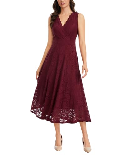 J.Corrine Women's Lace Dress Cocktail Party A Line V Neck Sleeveless Formal Wedding Guest Bridal Shower Wine Red L