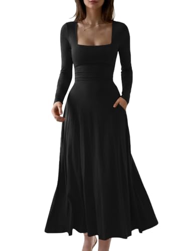 OYS Women's Long Sleeve Square Neck Casual A-line Long Flowy Dress Black | Stretch,Side Pockets,Back Tie,Formal,Elegant,Flare,Solid,High Waist,Corset,Spring,Fall,Wedding Guest,Party,Cocktail,Date,Maxi