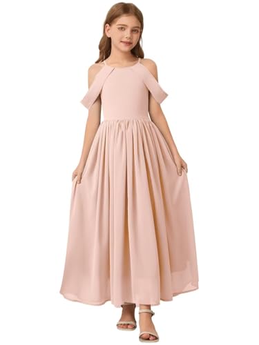 JOJECO Fancy Chiffon Flower Girl Dresses for Wedding Formal Long A-Line Off Shoulder Junior Bridesmaid Dresses Blush Pink Spaghetti Strap Pleated Ruffles Holiday First Communion Dress Blush Pink 08