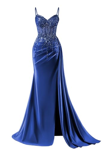 XYNGZOR Satin Royal Blue Prom Dresses for Women Spaghetti Straps Beaded Ruffled Ruched Mermaid Prom Dresses 2026 with Slit Size 2