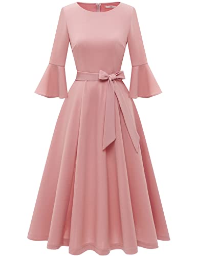 Blush Pink Dress for Women Vintage Bell Sleeve Dress Swing A-Line Midi Modest Homecoming Dresses for Women Wedding Guest Dresses Blush S