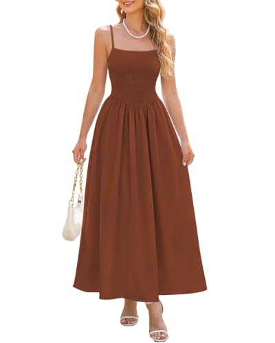 Naggoo Women's Square Neck Midi Dress Elegant Tan Wedding Guest Dresses