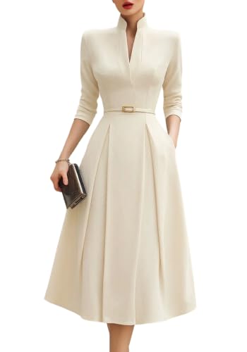 Famnbro Womens Vintage Formal Dress 3/4 Sleeve A-Line Work Church Dresses | Comfy Fabric,V Neck Pleated Swing Dress with Belt,Elegant Maxi Dresses for Business Cocktail Wedding Guest Church