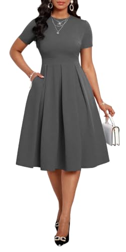 Womens Gray Dress Semi-Formal Fit Casual Slim Short Sleeves O-Neck Elegant Swing A Line Midi Dresses