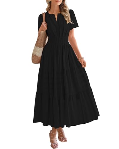 BTFBM Womens Summer 2026 Casual Midi Maxi Dresses Lightweight Short Sleeve V Neck Elastic Waist Boho Beach Dress Pockets(Black, XX-Large)