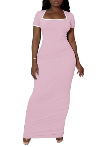 PINSV Women Summer Long Dress Casual Sexy Slim Short Sleeve Bodycon Maxi Dresses for Women Pink M