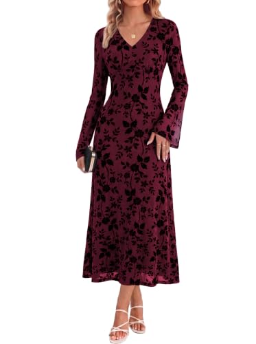 GRACE KARIN Women's Formal Floral Long Sleeve Maxi Dresses Dark Wine XXL