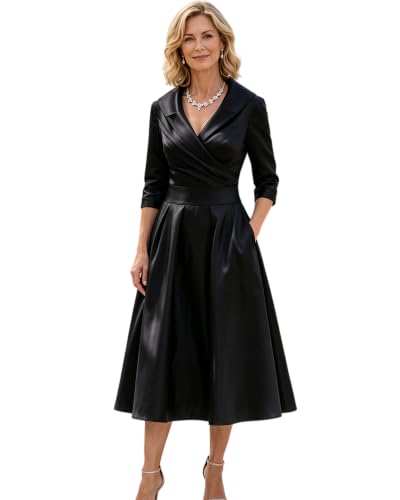JAEDEN Mother of the Bride Dresses for Women Tea Length Sleeves A line | Satin Mother Dresses for Wedding V neck, 3/4 Sleeves, A-line Dresses and Pockets, Ideal for Events, Plus Special Occasions