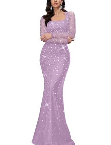 VOUIAO Women Sequin Mermaid Prom Dress Rhinestone Evening Gown Lilac XS