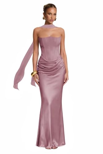 ORRULA Strapless Prom Dress for Women Satin Wisteria Bridesmaid Dresses 2026 Satin A Line Ruched Long Formal Party Gowns with Scarf US 6