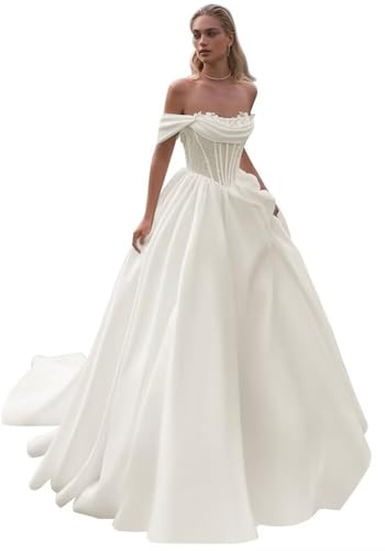 Off Shoulder Wedding Ball Gowns for Women Bride with Cathedral Train 2026 A-Line Satin Luxury Wedding Bridal Ball Gowns for Women Ivory Size 0