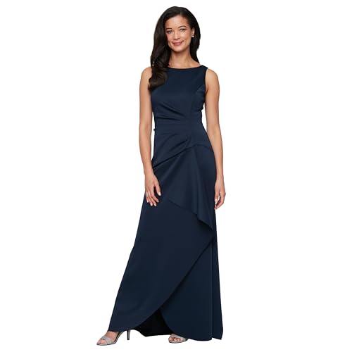 Alex Evenings Women’s Sleeveless Stretch Scuba Crepe Mother of the Bride Dress with Tucked Waist and Cascade Detail Skirt Navy