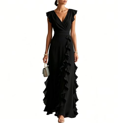 VOLLENC Women's Elegant V Neck Maxi Dress Ruffle Flutter Sleeve Evening Gown Full Zipper Back Wedding Guest Formal Dresses-Black