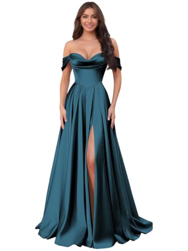 Kckrdj Peacock Bridesmaid Dresses for Women Satin Off the Shoulder Ruched Corset Long Formal Fall Wedding Guest Dresses Size 0