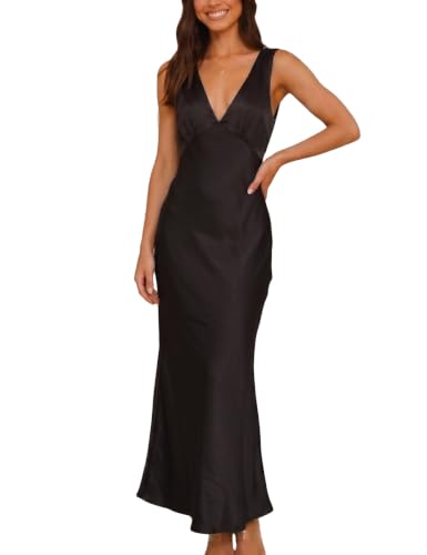 Gmeitoey Satin Formal V Neck Maxi Dress for Women Cocktail Wedding Guest | Silk,Sleeveless,Half Lining,Wide Straps,Elegant,Cocktail,Bridesmaid,Beach,Vacation,Party,Graduation,Date Night,Garden Wedding