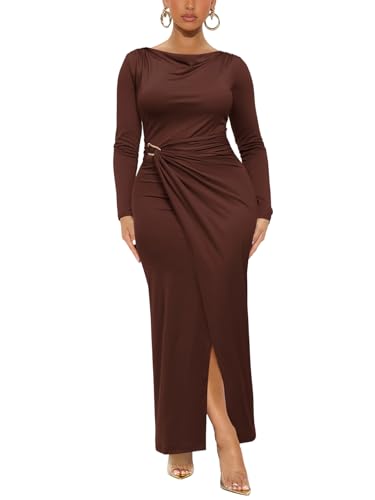 Ekaliy Women's Elegant Cowl Neck Long Sleeve Bodycon Maxi Dress Brown