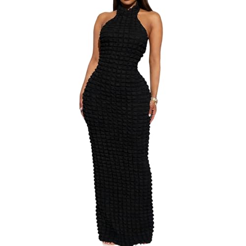 Novaorily Womens Casual Sexy Halter Sleeveless Sundresses Bubble Textured Backless Prom Cocktail Maxi Dresses