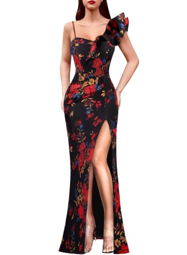VFSHOW Womens Ruffle One Shoulder Formal Prom Gala Maxi Dress Evening Gown | V Neck, Bodycon, Sexy Ruched High Slit, Long Cocktail Wedding Guest Dresses, Party, Bridesmaid, Black and Red Floral, M