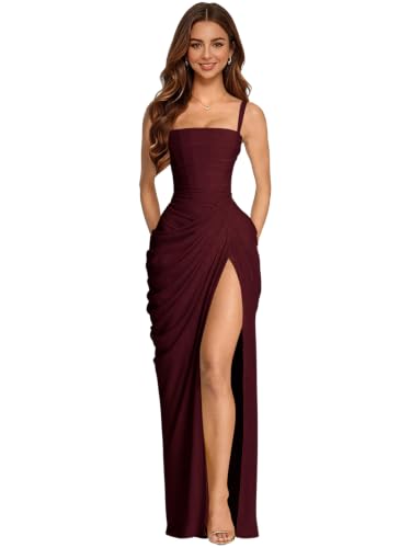 Eightale Burgundy Long Chiffon Bridesmaid Dresses for Wedding Corset Mermaid Prom Dress Slit Maxi Formal Evening Party Gown Size 16
