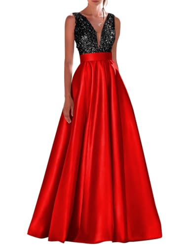 QFWLSR Sparkly Sequin Prom Dress for Women Long V Neck A-line Satin Formal Evening Party Gowns Black Red Plus Size US16W