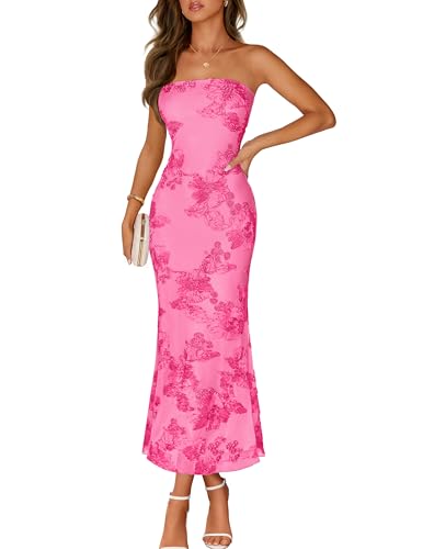 MEROKEETY Women's Floral Wedding Guest Cocktail Maxi Dress, Hotpink, M | Strapless, Tube Top, Mesh, Bodycon, Lined, Mermaid, 2026 Summer Dress, Formal Elegant, Prom, Baby Shower, Party Long Dress