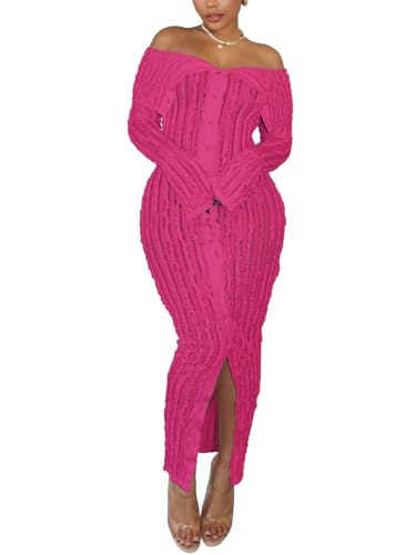 Sexy Button Down Dress for Women Long Sleeve Off Shoulder See Through Bodycon Maxi Dresses for Club Night Out Hot Pink M