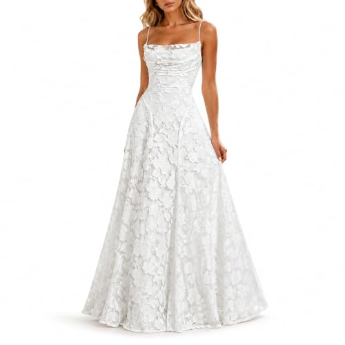 Women's Floral Lace Maxi Dress, Cowl Neck Formal Wedding Guest Dress Ivory